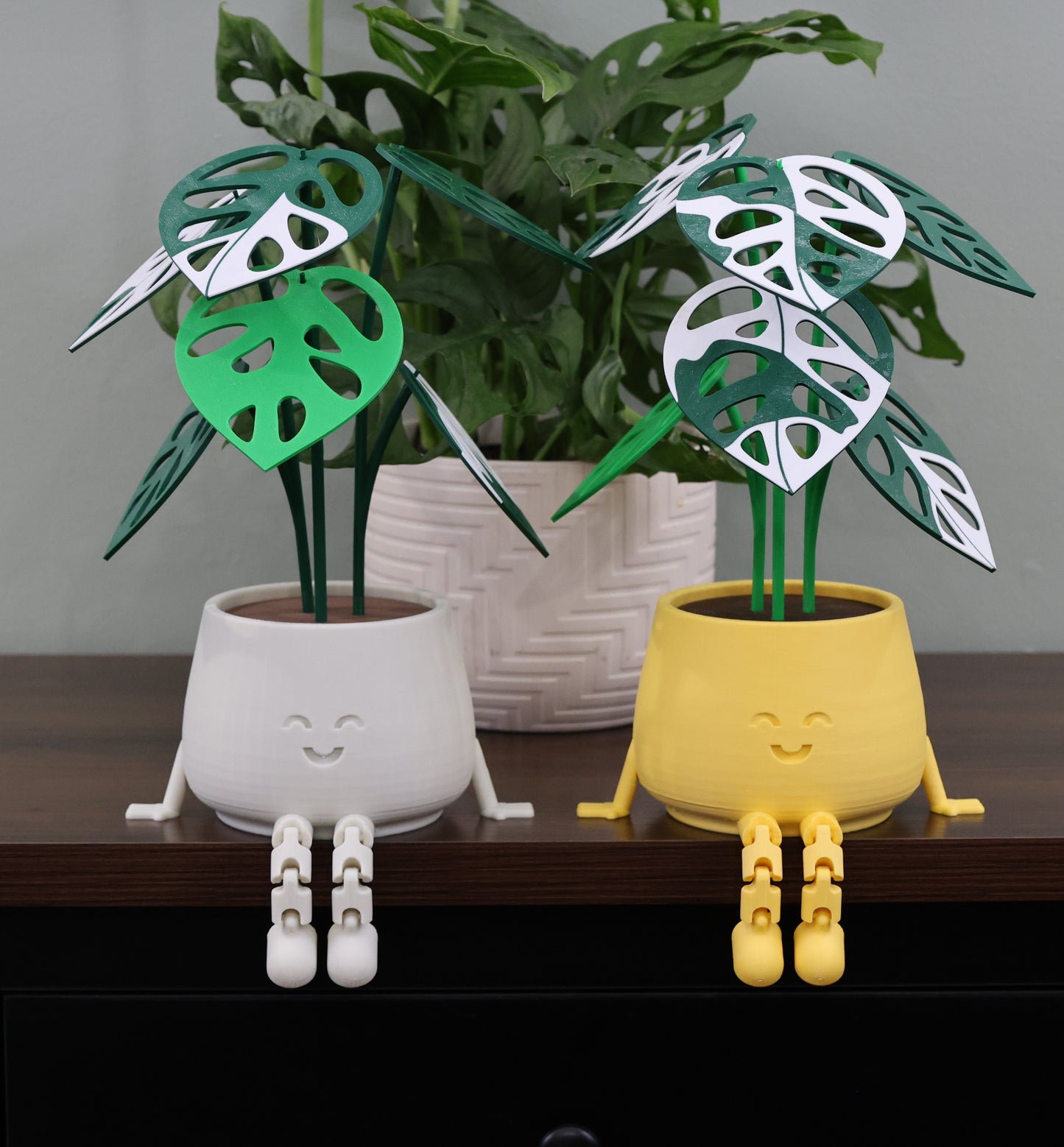 Two decorative plant figures with smiling pot bases on a surface.