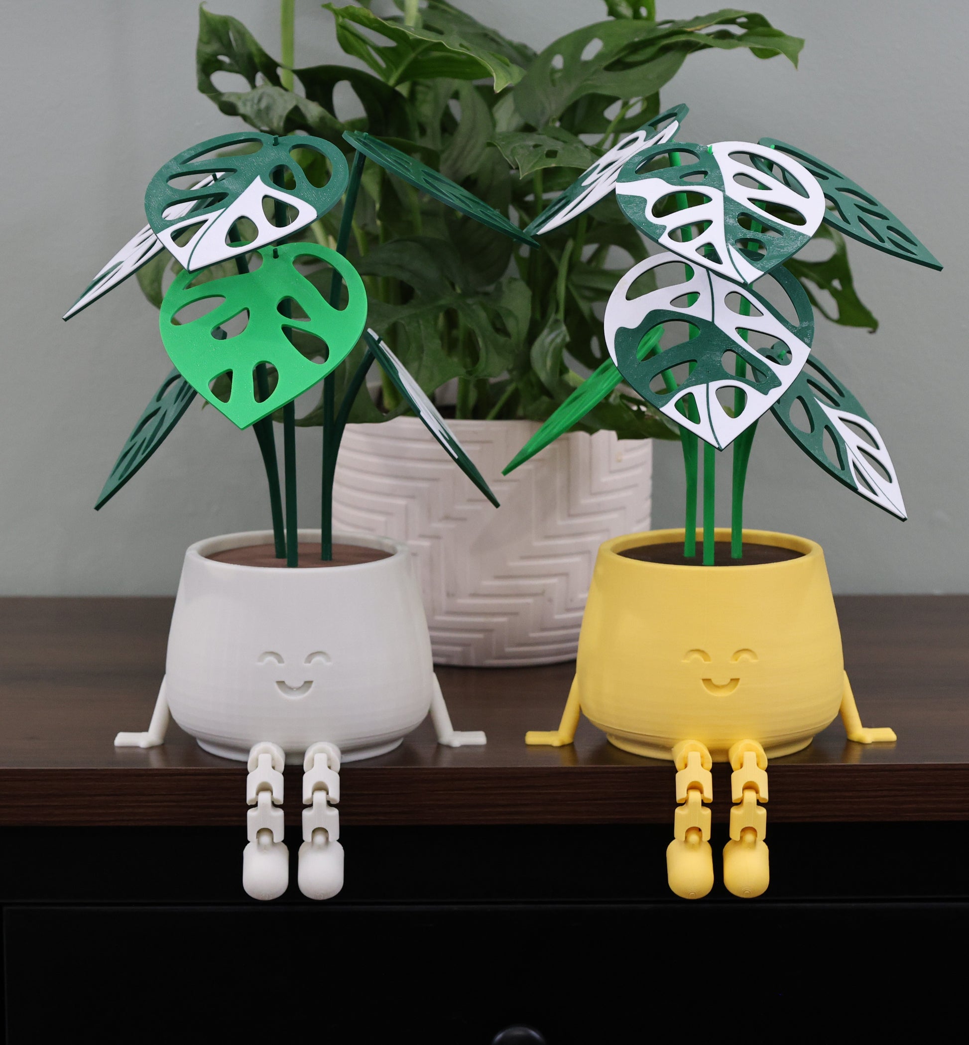 Two decorative plant figures with smiling pot bases on a surface.